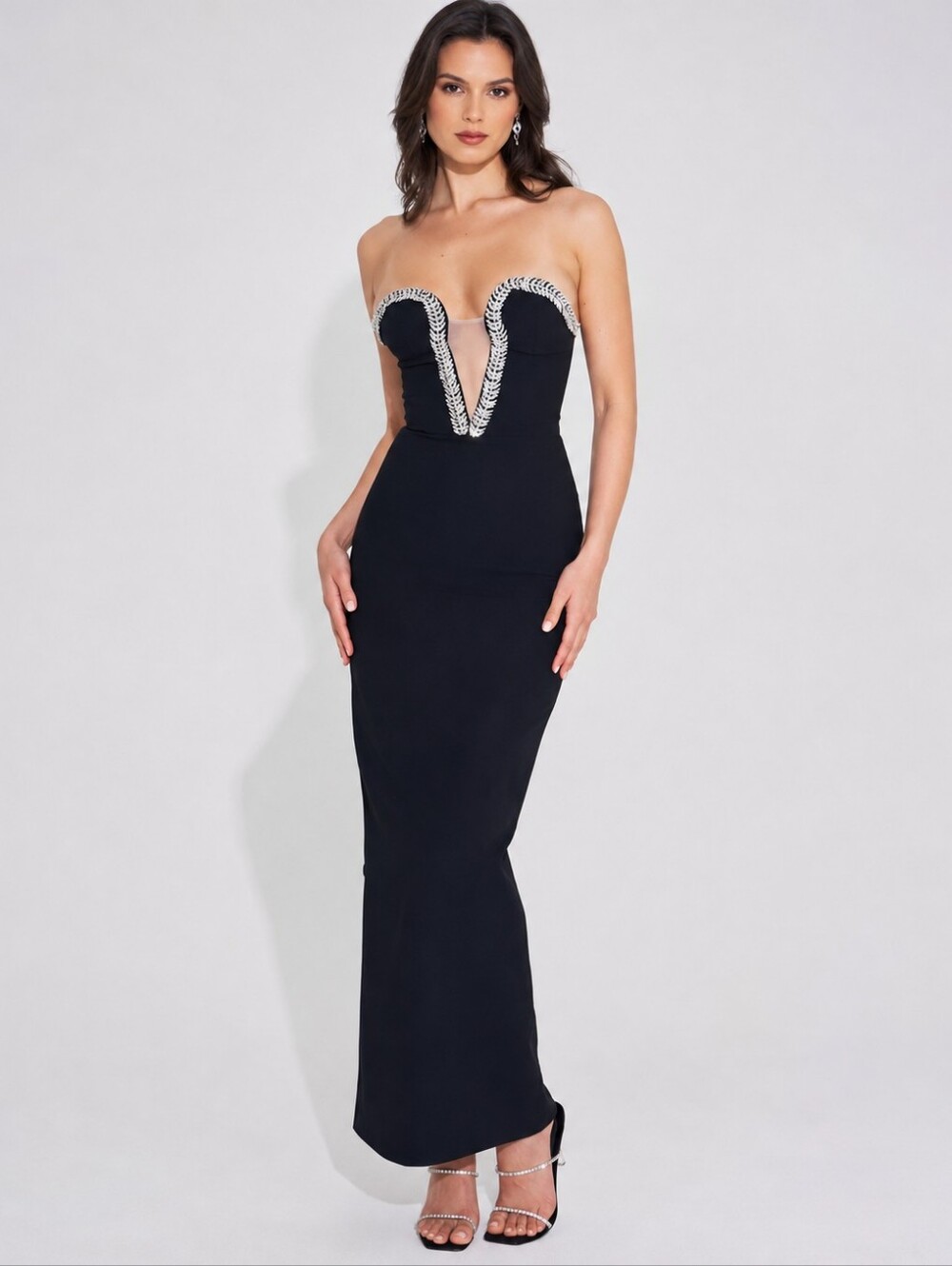 NWT Miss Circle Ivanna Black Crystal Embellished Maxi Dress